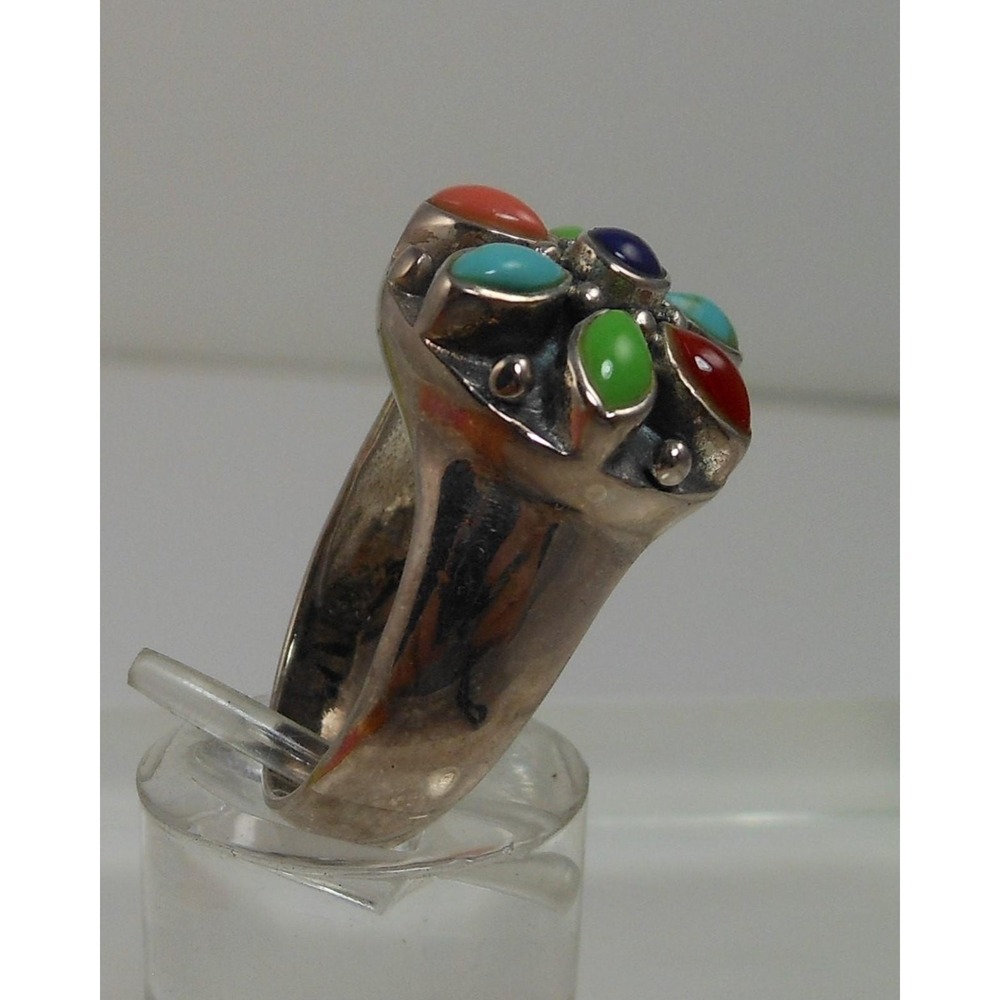 Vintage Designer Sterling Silver Turquoise Coral Garnet Ring - Size 7.75 - Picture 8 of 10